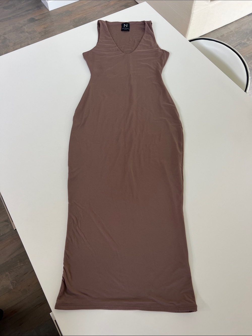 Naked Wardrobe v-neck sleeveless stretchy bodycon mauve purple brown midi dress